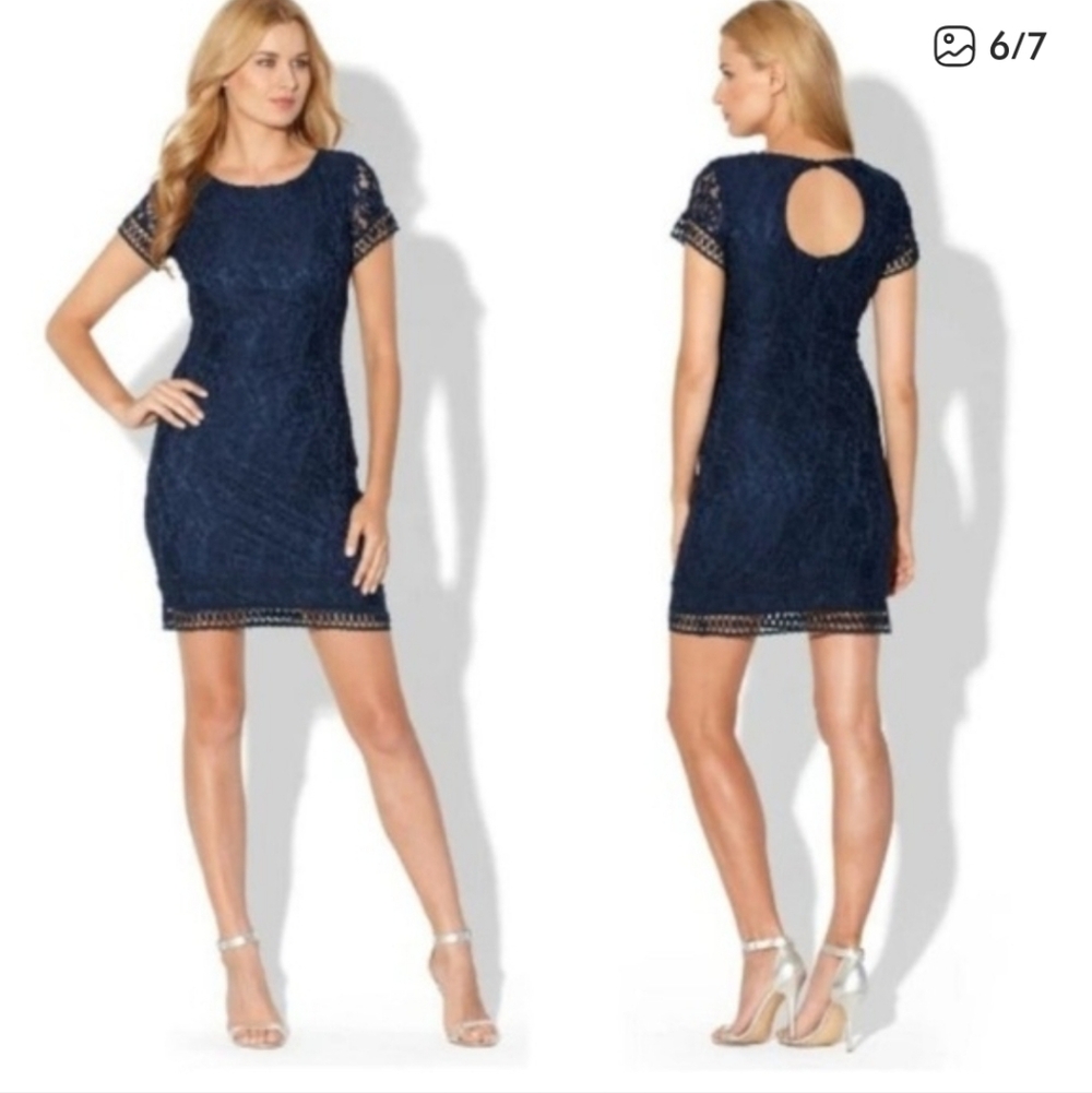 Laundry Shelli Segal Navy Blue Lace Overlay Cap Sleeve Dress ■ Size 0